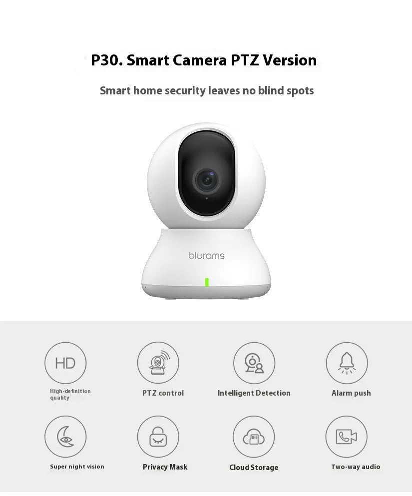 White HD smart camera for indoor use with mobile app remote conversation and panoramic monitoring.