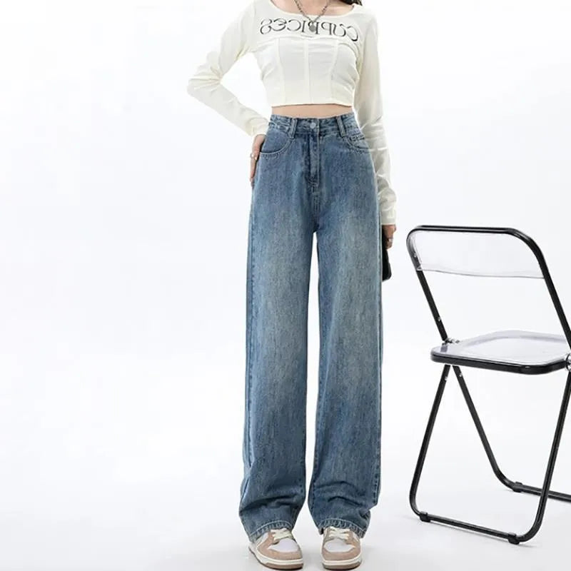 Women's retro blue wide leg jeans with high waist straight cut design and spandex stretch fabric