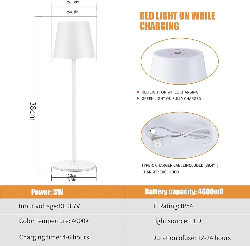 Rechargeable waterproof table lamp, 10 x 38cm, built-in battery, available in gold, black, white, rose gold, and blue