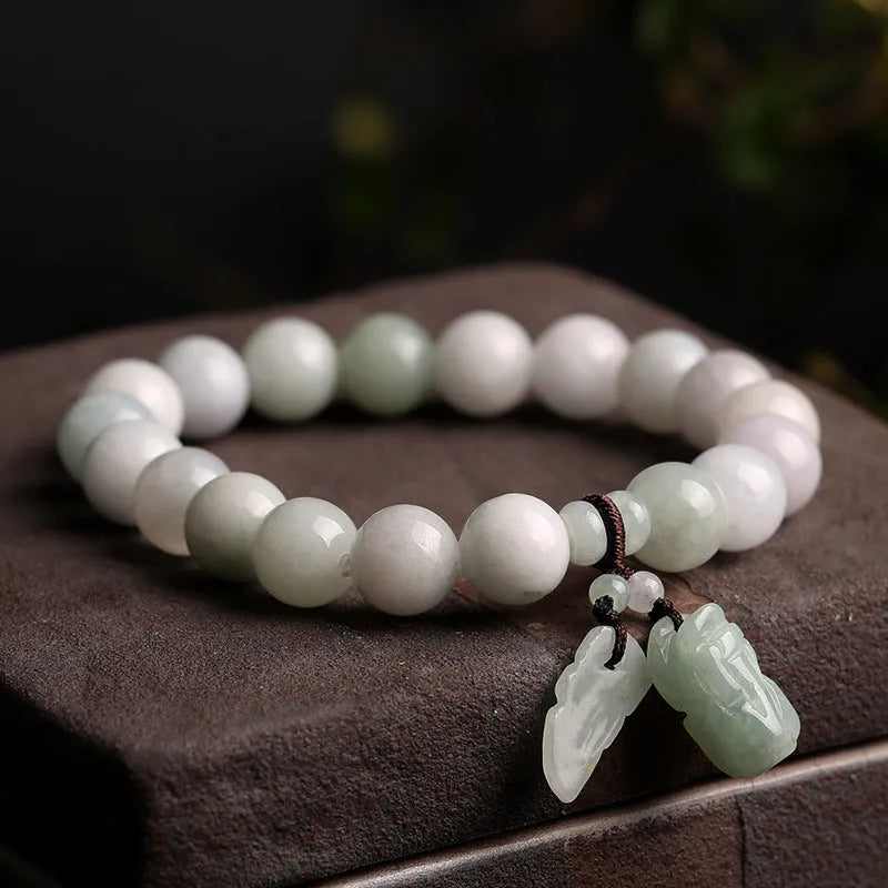 Natural emerald jade bracelet with geometric beads and Maitreya Buddha detail in various colour options