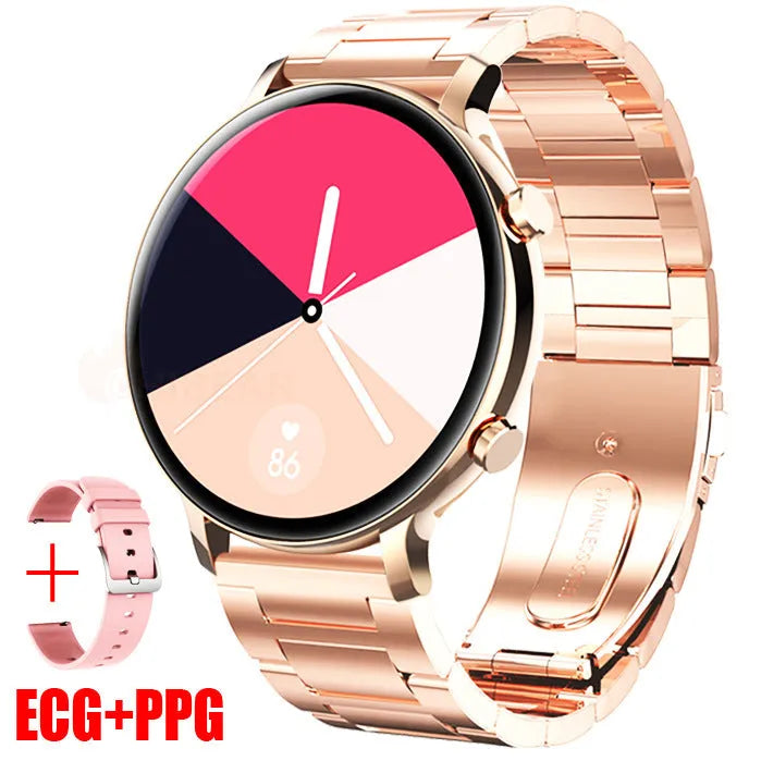 Black Bluetooth smartwatch with stainless steel strap showing call screen and health metrics