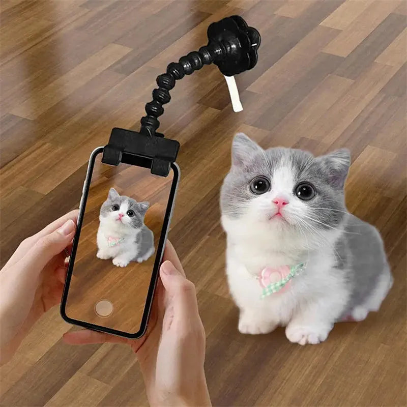 Black pet selfie stick with rotating snack clip attached to mobile phone for animal photography