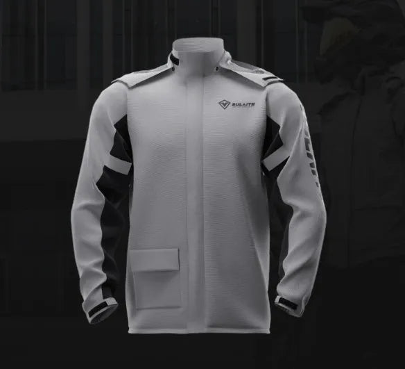 Motorcycle rain suit set with split raincoat, rain pants, hidden shoe covers, and a storage bag.