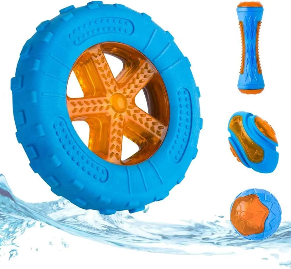 Set of three TPR dog toys: a squeaky tyre, barbell and ball for floating fetch play.