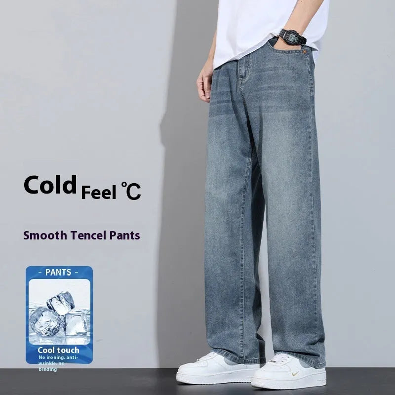 Men's straight leg trousers in ice silk denim with wide leg silhouette showing zip fly detail