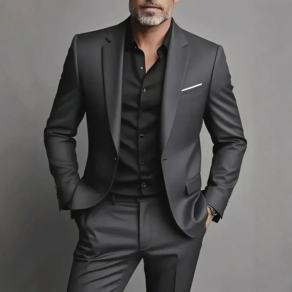 Men's slim fit two-piece cotton blend suit set in black, coat and trousers on hanger