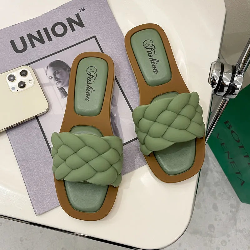 Women's plaid pattern PVC beach sandals with thick anti-skid sole in black, green, orange, or white.