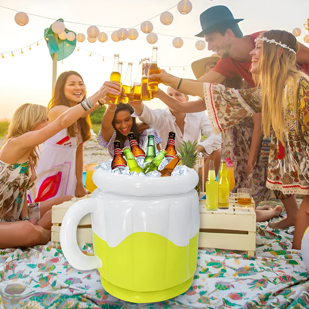 Yellow inflatable PVC ice bucket designed for beer steins and drinks bottles