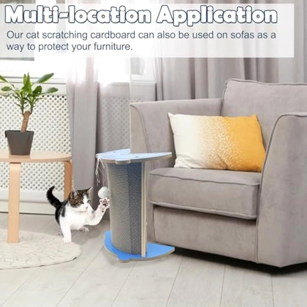 Grey cardboard corner cat scratcher with hanging ball toy attached