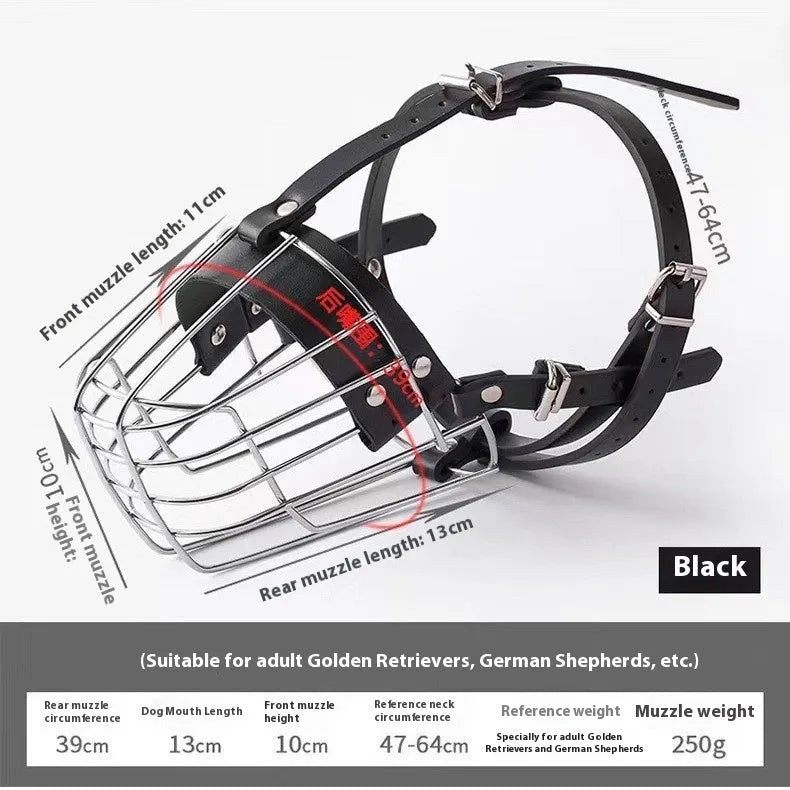 Black metal dog muzzle designed specifically for golden retriever and German shepherd breeds