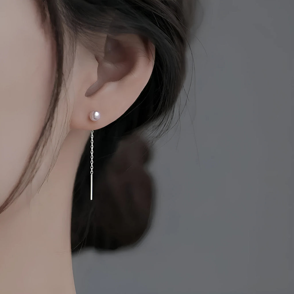 Sterling silver needle ear string earrings with hanging charm selection showing pearl, zircon, clay ball and geometric design options