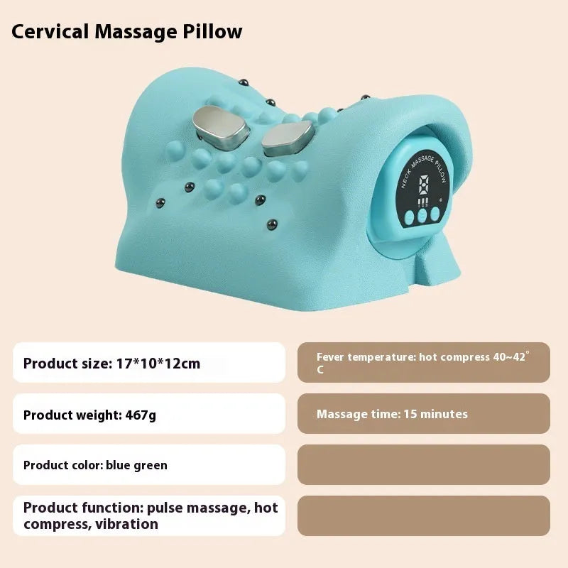 Blue-green portable EMS massage pillow showing compact 17x10x12cm size with hot compress and vibration features