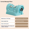 Blue-green portable EMS massage pillow showing compact 17x10x12cm size with hot compress and vibration features