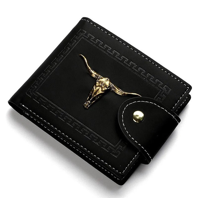 Black men's short wallet with animal print, showing zipper closure and multiple card slots.