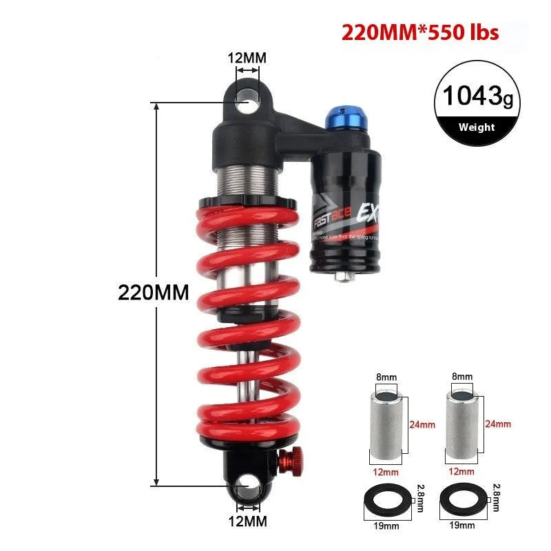 Red aluminium spring shock absorber for mountain bike with adjustable settings and 550lb rating
