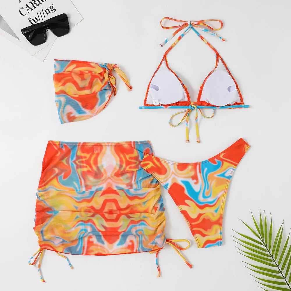 Women's split four-piece skirt tie-dyed bikini swimsuit in floral print, orange white colour, sleeveless two-piece set