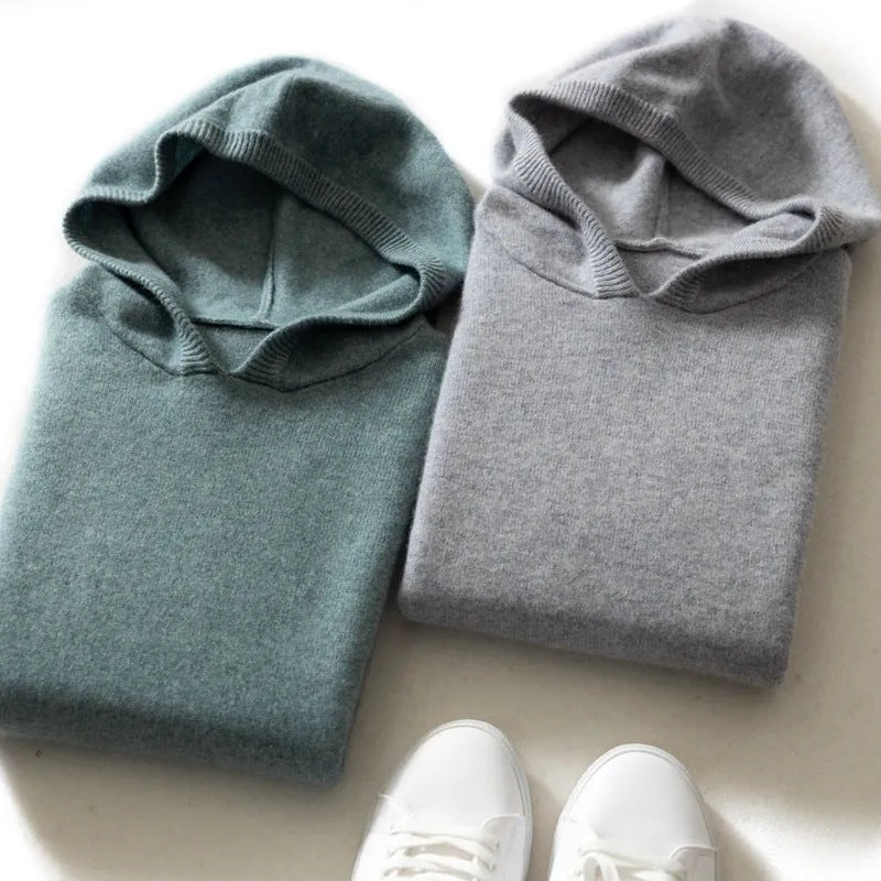 Men's cashmere hooded thickened sweater loose fit long sleeve pullover in solid colour, front view