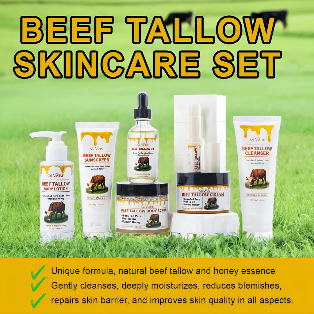Seven-piece butter honey skincare set with facial cleanser, cream, lipstick, lotion, scrub, and beef fat product