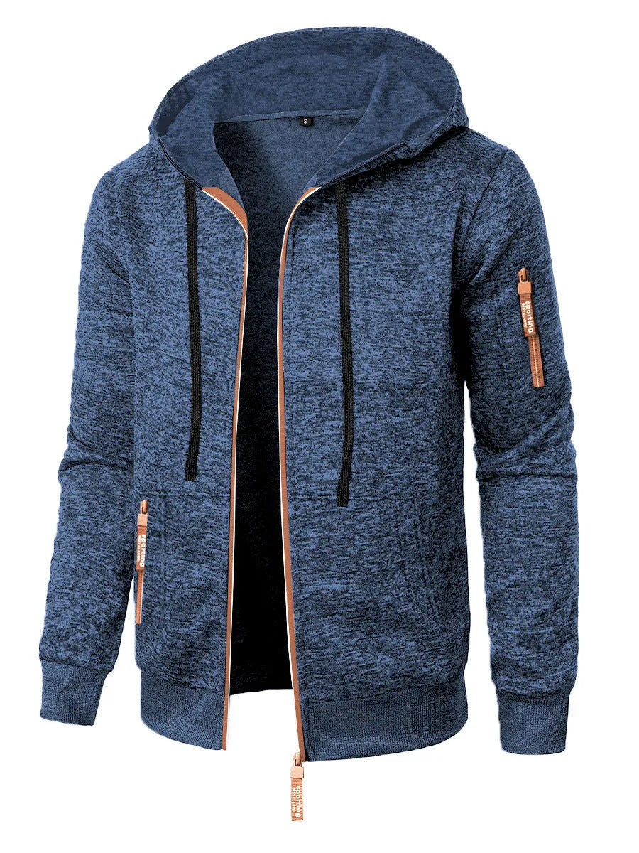 Men's polyester jacquard hooded coat, solid colour, straight cardigan style, sizes S to 3XL