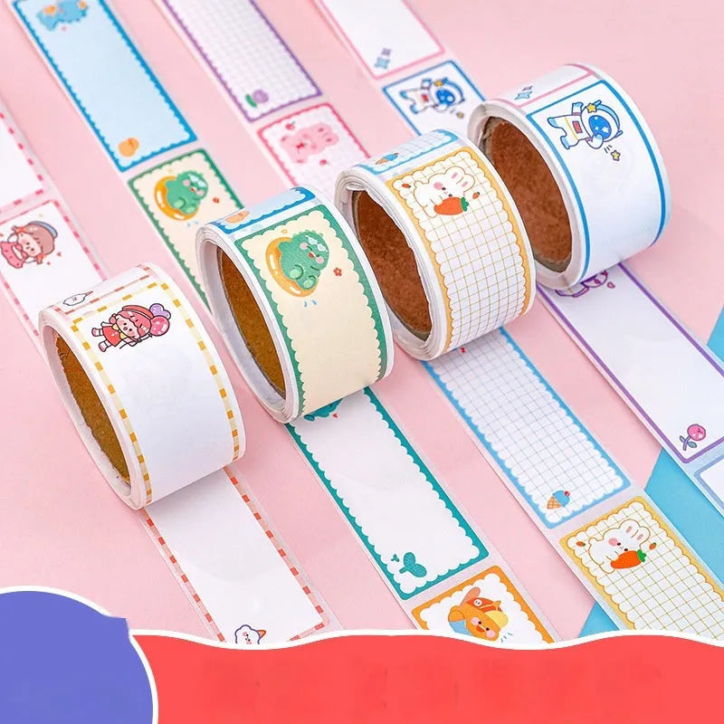 Roll of cartoon name stickers showing dinosaur, astronaut, rabbit, and girl designs.