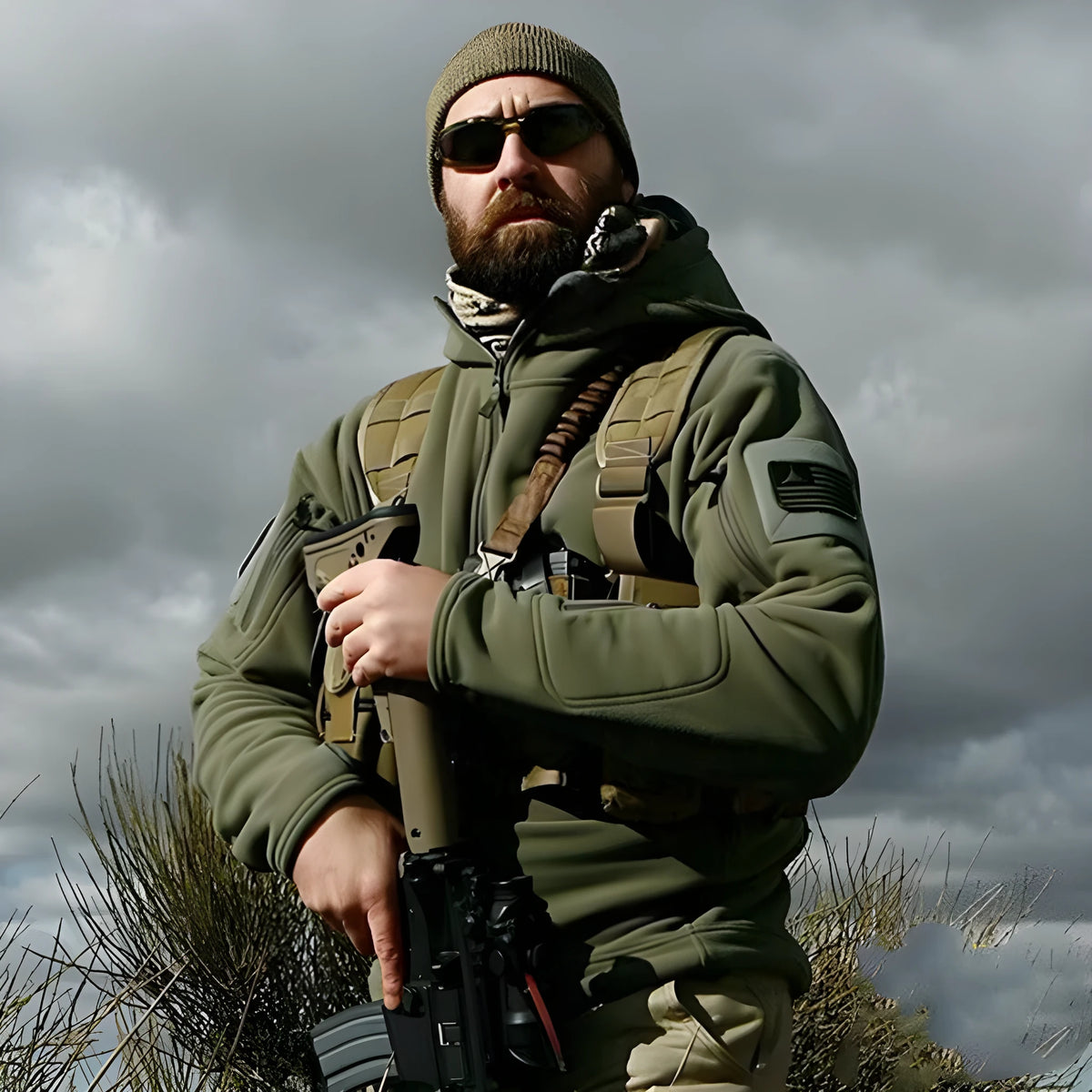 Men's military tactical jacket in Army Green with warm hood, soft shell fabric for outdoor hiking and sports