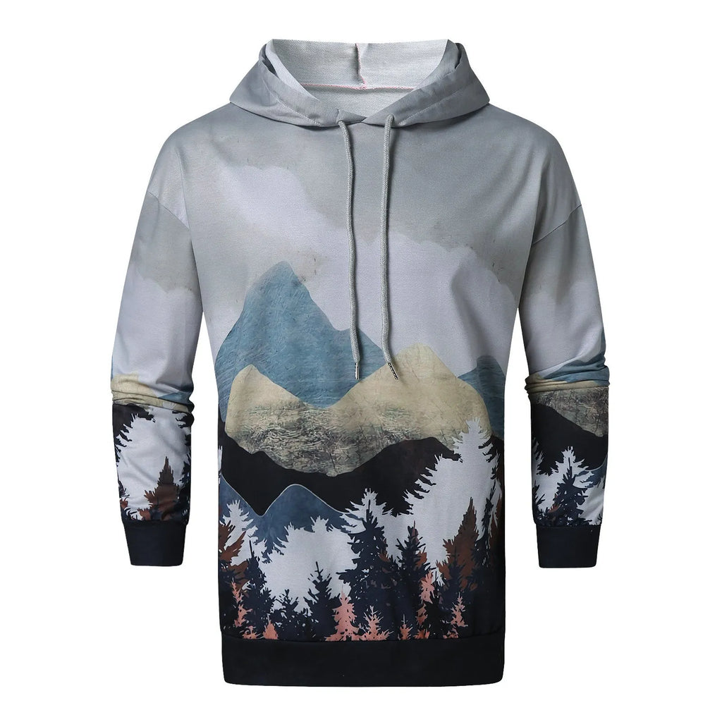 Men's printed polyester fleece hoodie in grey or light blue, Asian sizes S-XXL, casual leisure wear