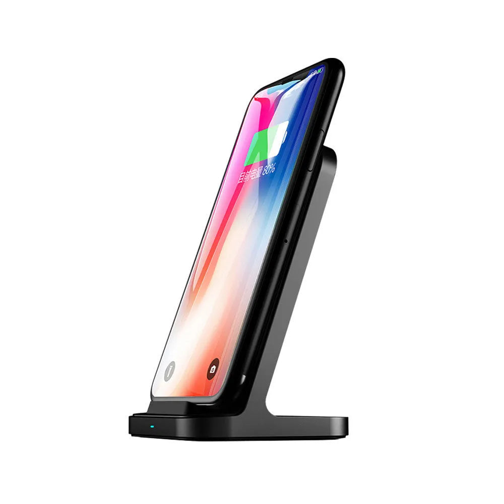 Dark grey vertical wireless charging base for Apple iPhone models with 10W output