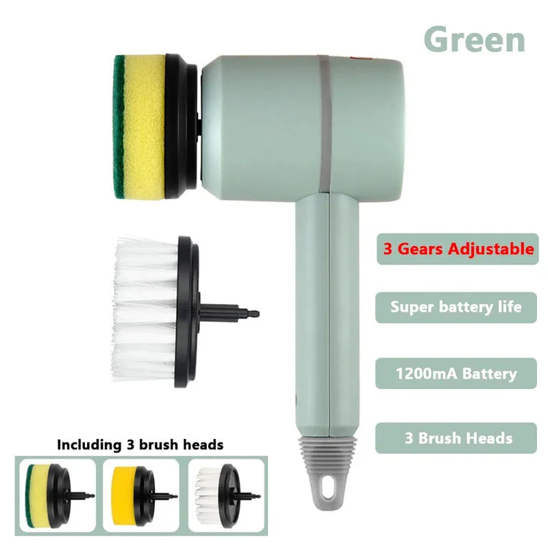 Cordless electric cleaning brush with three interchangeable heads, USB rechargeable plastic scrubber, 224 x 119mm