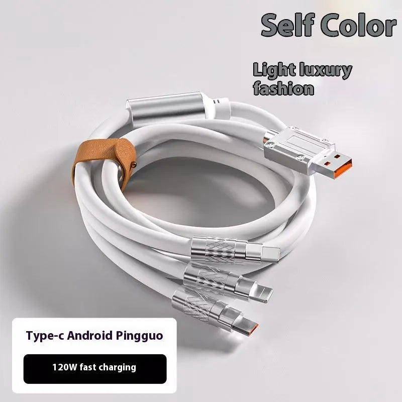 Universal charging cable with 120W super fast charge, zinc alloy connector, three interfaces, available in eight colours