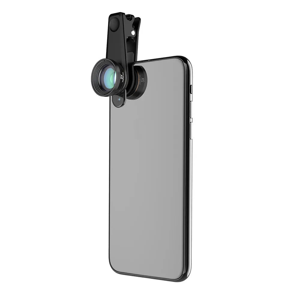 Black aluminium 6-in-1 smartphone lens kit with fisheye, wide-angle, macro, telephoto, CPL and star filter lenses on a universal clip.