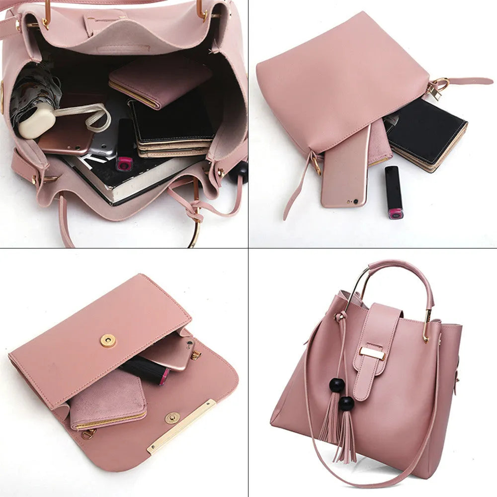 Women's 3-piece PU leather handbag set with shoulder bag, crossbody bag, handbag, tassel and metal handle
