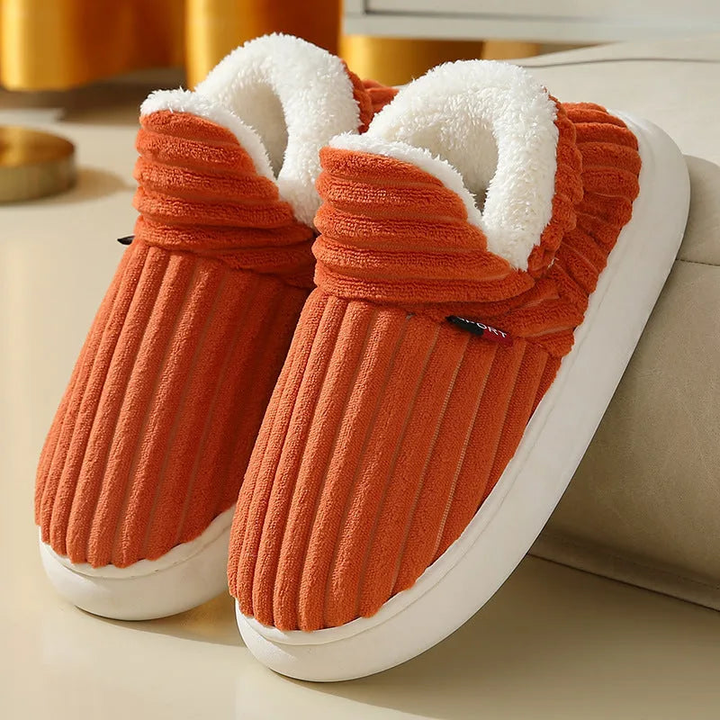 Winter plush home slippers in solid colour stripes, polyester, sizes 36to47, for women and men