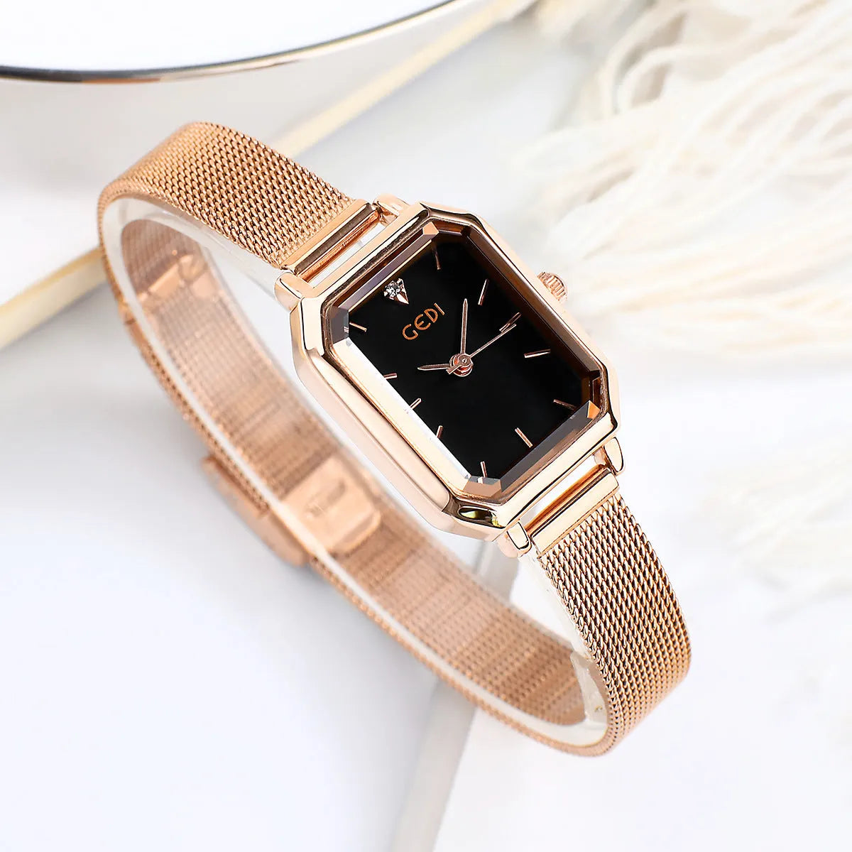 Square retro casual watch for women with rose shell case and multiple colour options