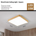 Nordic modern square LED ceiling light with wood grain finish and remote control on a white background.
