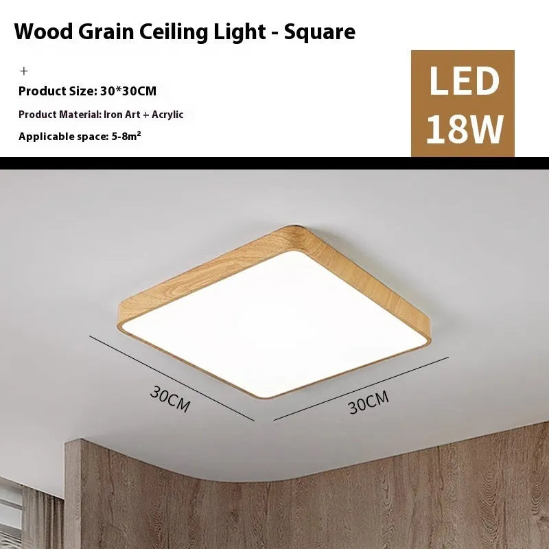 Nordic modern square LED ceiling light with wood grain finish and remote control on a white background.