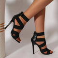 Women's super high heel sandals with back zipper in black, khaki, and cream-white elastic fabric upper