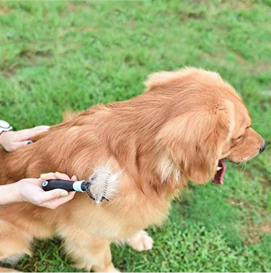 Blue pet dematting comb with stainless steel teeth and soft handle for dogs and cats