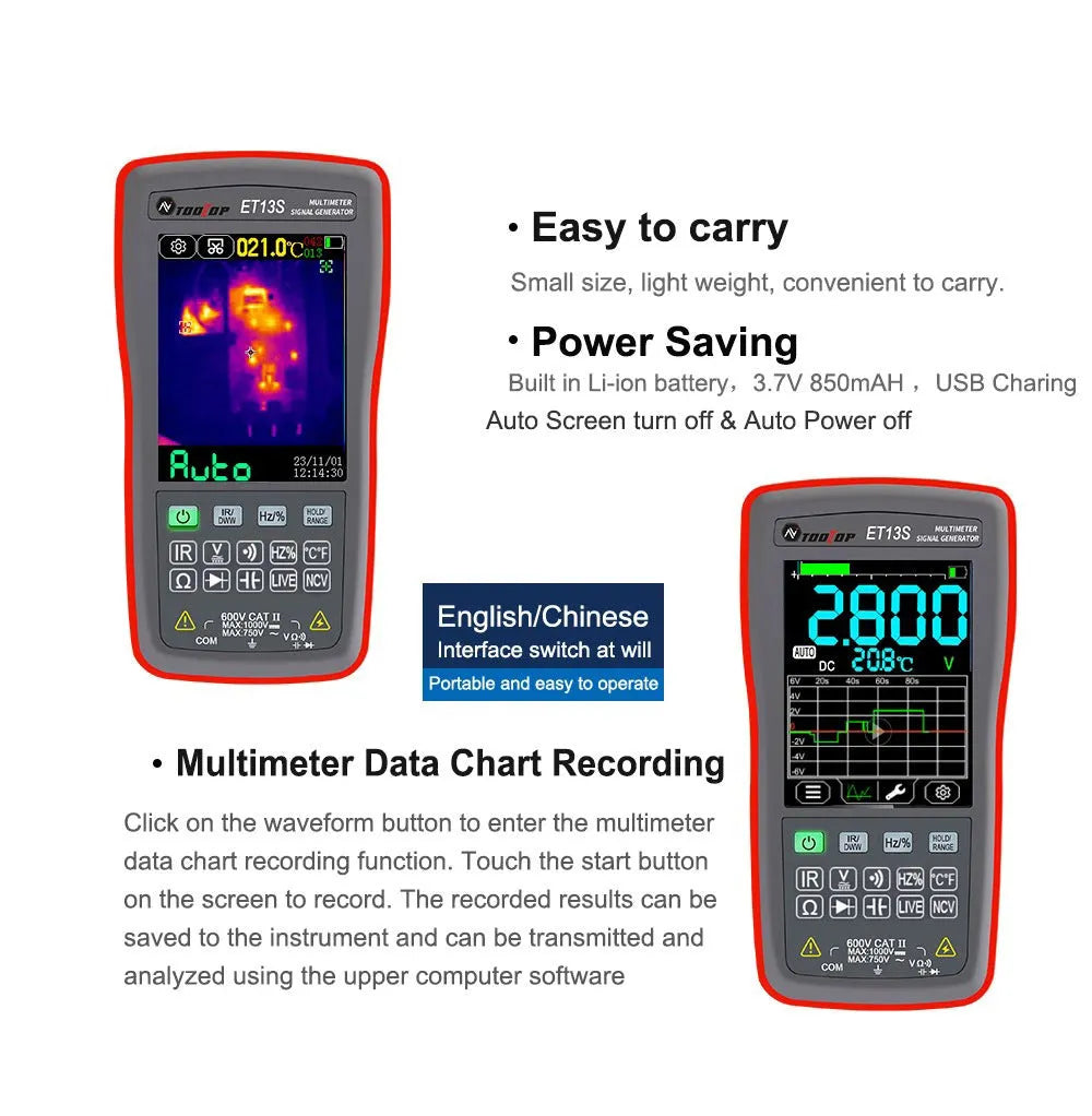 192×192 resolution thermal imaging multimeter with digital display showing thermal image and measurement readings