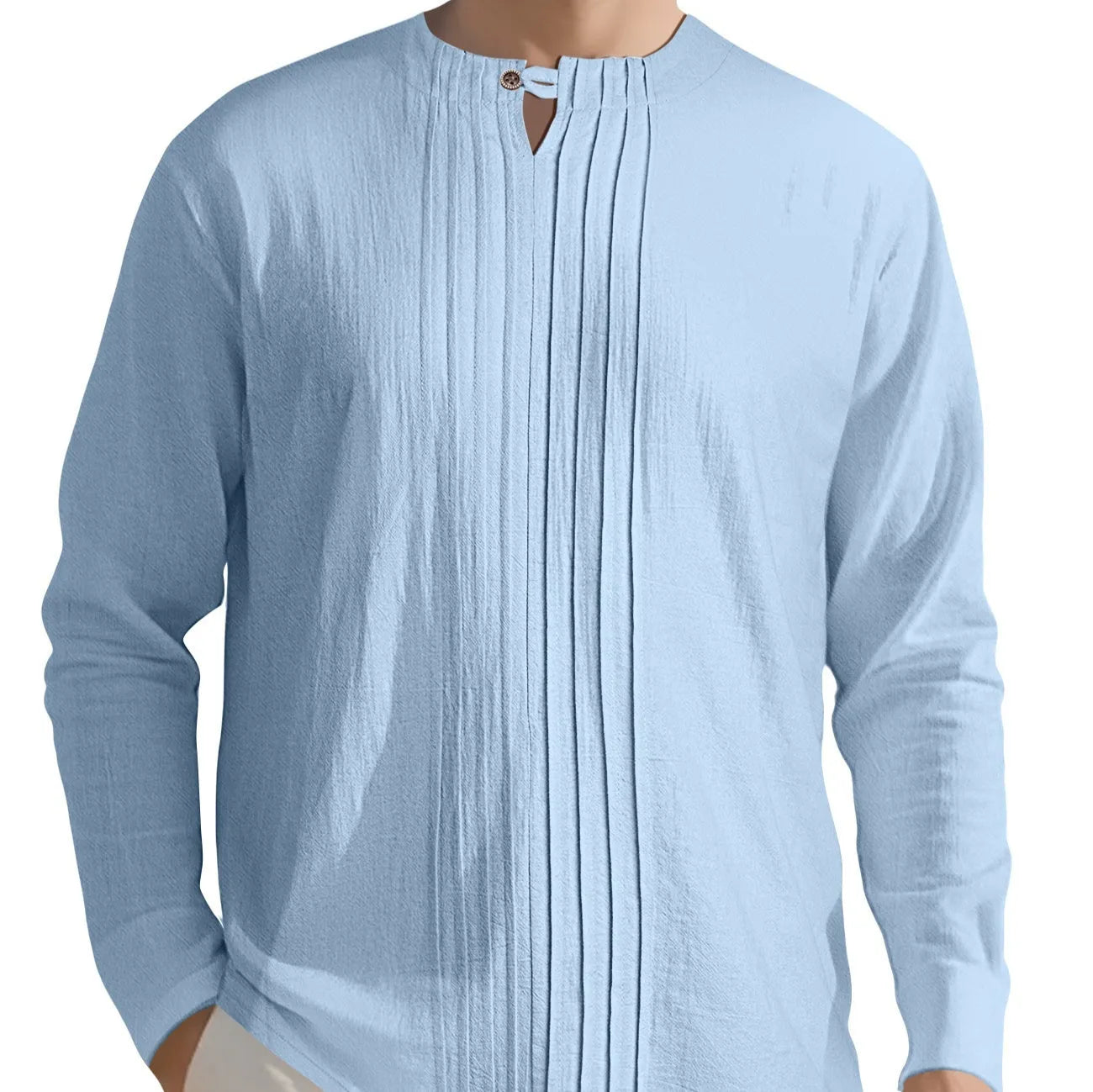 Men's casual long sleeve solid colour linen style top in polyester, available in Black, White, Khaki, Light Gray, Ocean Green, Light Blue