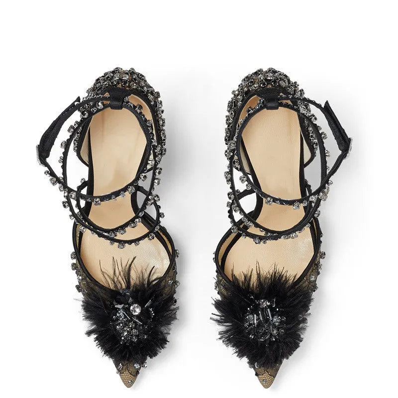 Nude lace rhinestone floral pointed-toe pump with super high heel over 8cm and one-word buckle.