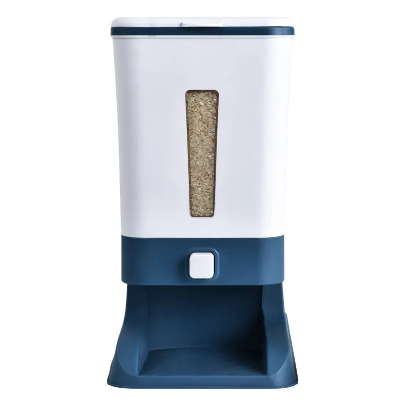 A polypropylene rice bucket with a metering lid on a kitchen countertop, available in black, blue, or grey colours with 5–6L capacity.