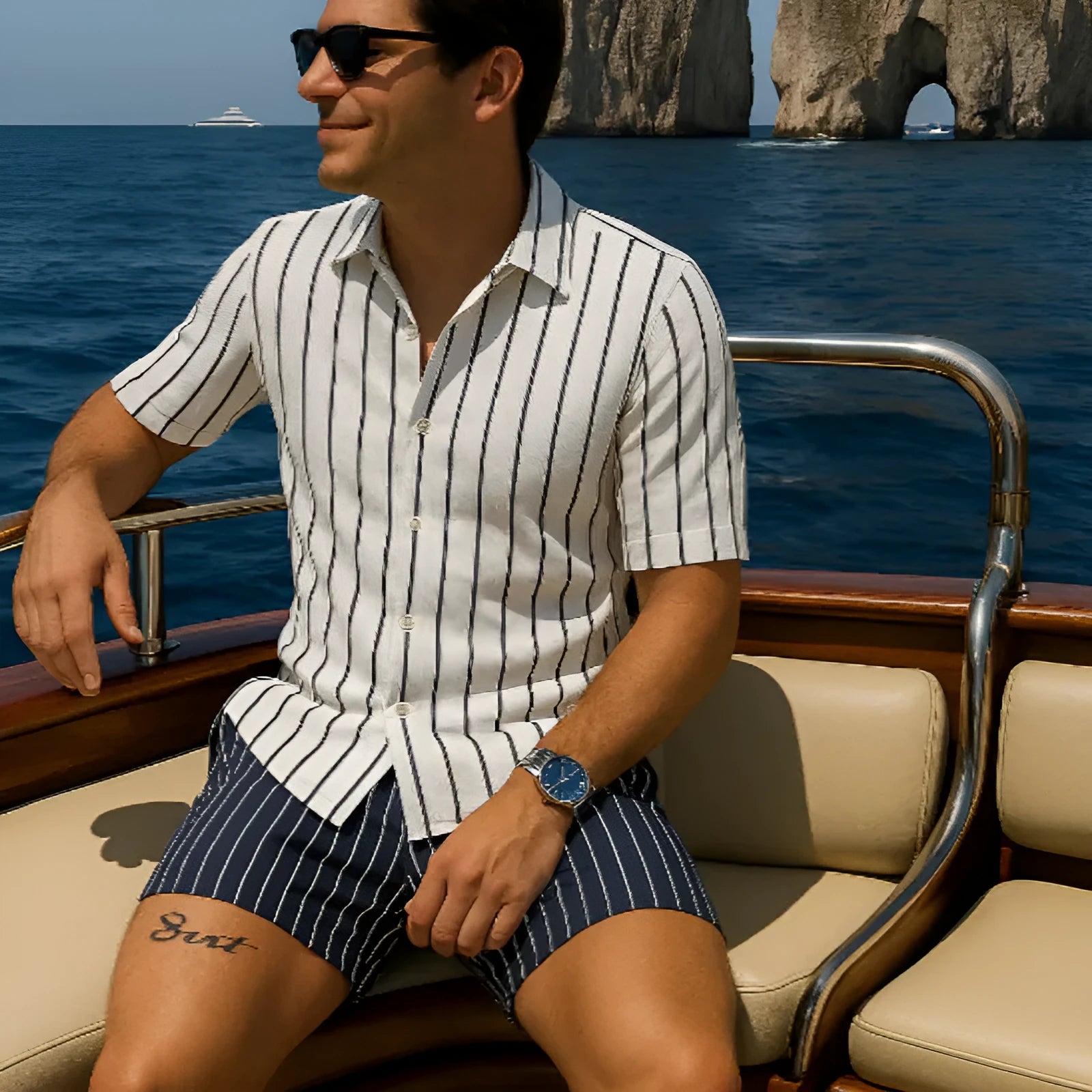 Men's four-sided elastic beach shirt and shorts set in light mature casual style