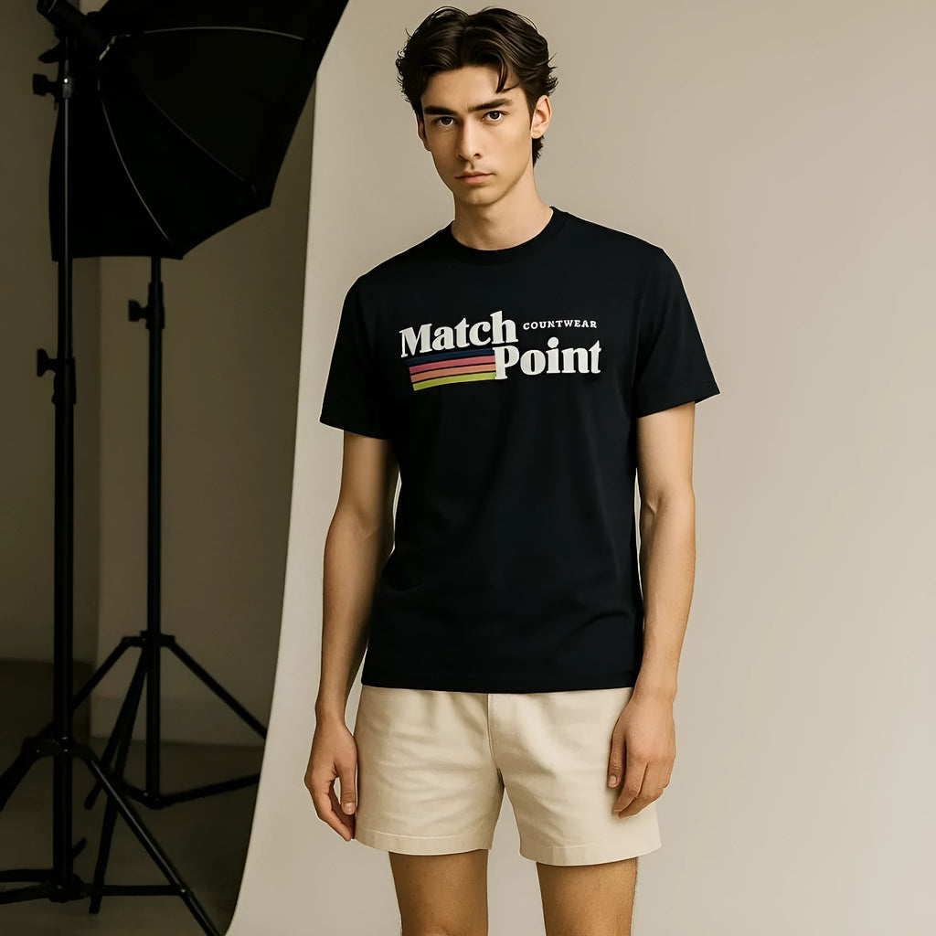 Men's black t-shirt with 3D printed pattern, round neck and short sleeves showing size options