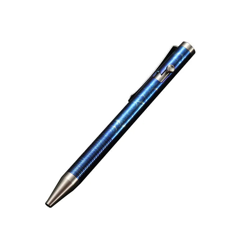 Titanium alloy gun bolt handle ball pen with magic colour phantom finish showing iridescent effects