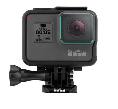 GoPro Hero 5 6 7 tempered glass screen and lens protector films set on a white background.