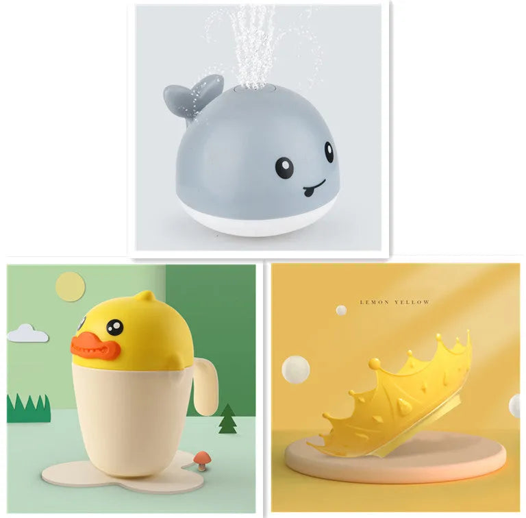 Automatic electric whale bath toy spraying water with LED lights on, floating in a baby bath.