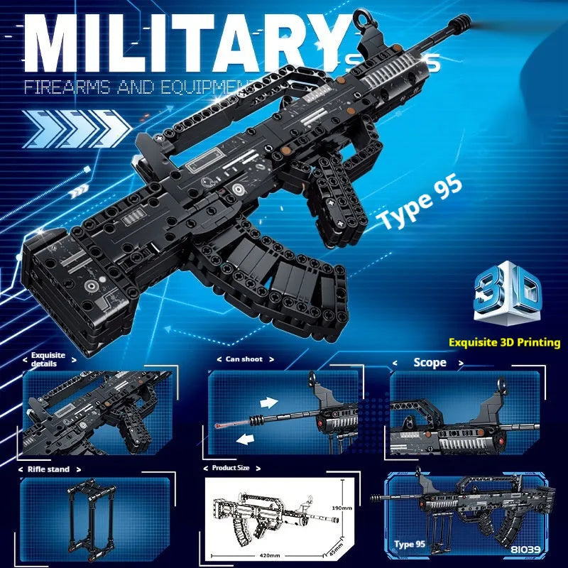 Building blocks toy gun model kit with launch mechanism, bullet assembly, colour box, and rifle style options