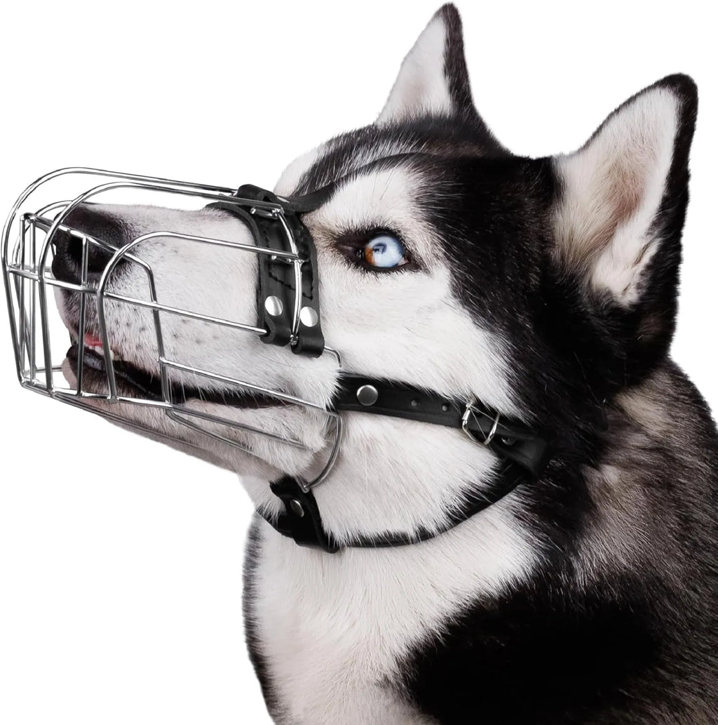 Black metal dog muzzle designed specifically for golden retriever and German shepherd breeds