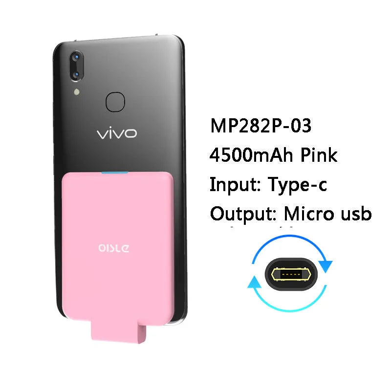 Slim 4500mAh back clip power bank in black, white, blue, pink, or red for iPhone Android Type-C charging