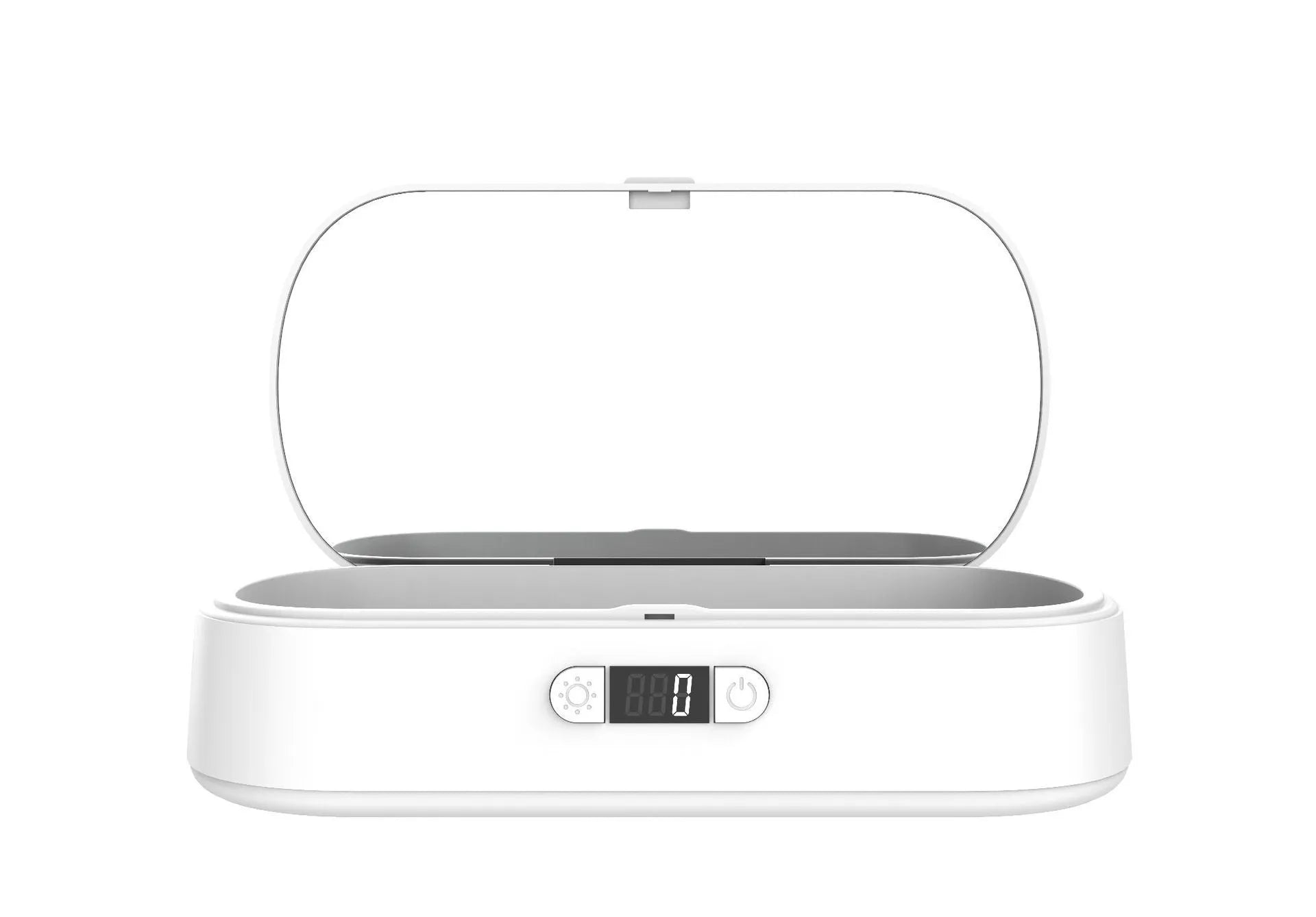 White ABS plastic wireless UV steriliser box with phone inside, showing charging indicator.